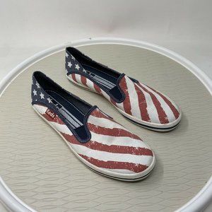 Keds USA Flag Sneakers Slip On Shoes 7.5 American Patriotic Red Blue Stripe July